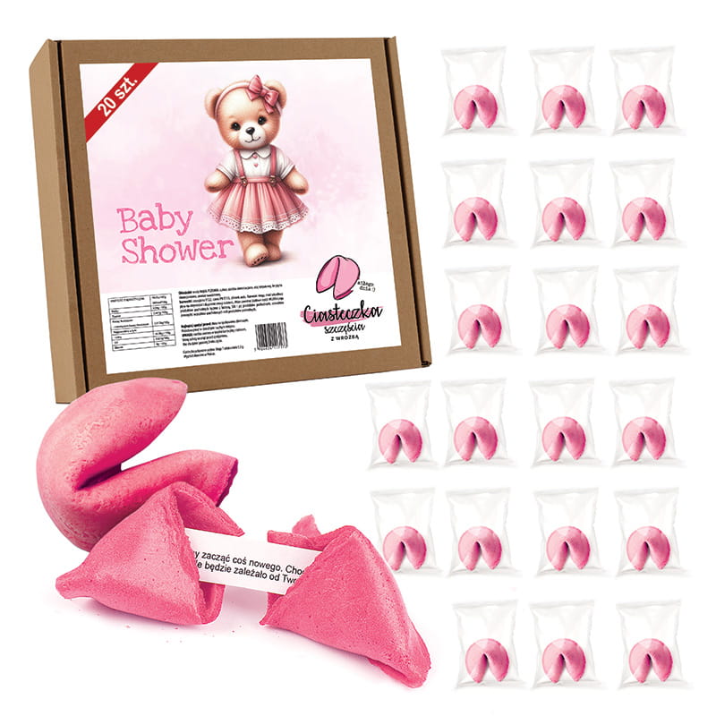 Zestaw różowe ciasteczka z wróżbą na baby shower. Różowe ciasteczka z wróżbą na baby shower dziewczynki.