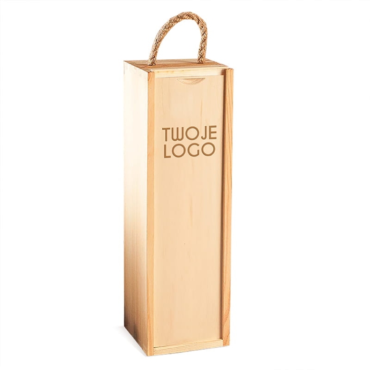 Skrzynka drewniana na alkohol z logo firmy.