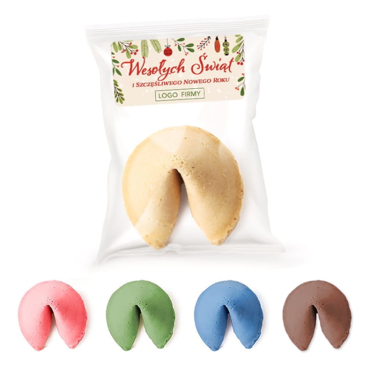 Ciasteczko z wróżbą  w kolorach do wyboru, w opakowaniu ze świąteczną naklejką, na której umieścimy Twoje logo