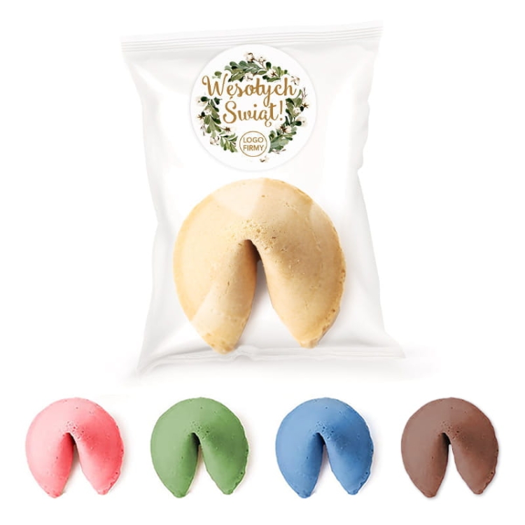 Chińskie ciasteczko z wróżbą. Świąteczna etykieta z napisem Wesołych Świąt. Grafika z zielonym wiankiem i kwiatami bawełny.