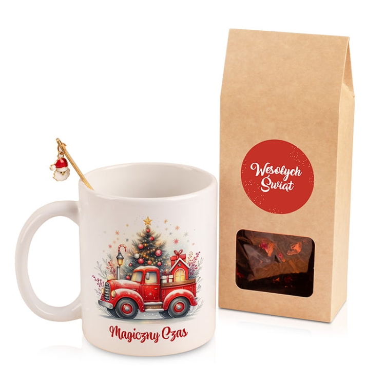 Zestaw z kubkiem, herbatą i łyżeczką. Prezent świąteczny.