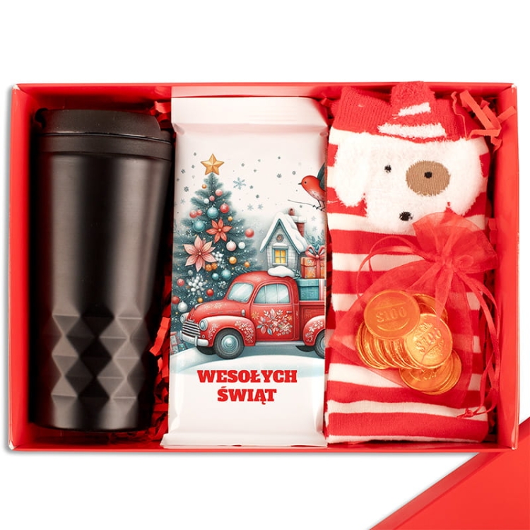 Kubek termiczny na prezent. Skarpety świąteczne i czekolada dla kobiety.
