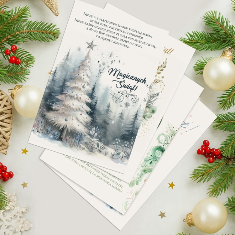 Opłatki na Wigilię z nadrukowanymi życzeniami świątecznymi.