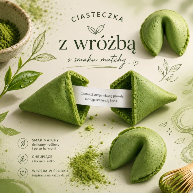 Ciasteczka z wróżbą o smaku matchy – zielone, chrupiące ciasteczka inspirowane japońską herbatą matcha z inspirującą wróżbą w środku.