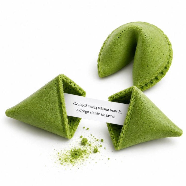 Ciasteczko z wróżbą matcha – minimalistyczne zdjęcie produktu prezentujące zielone ciasteczko z inspirującą wróżbą.