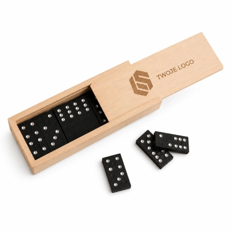 Drewniane domino z logo w eleganckim pudełku.