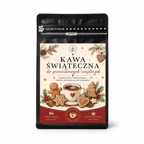 Aromatyczna kawa świąteczna z bożonarodzeniową etykietą doskonale sprawdzi się jako prezent firmowy.