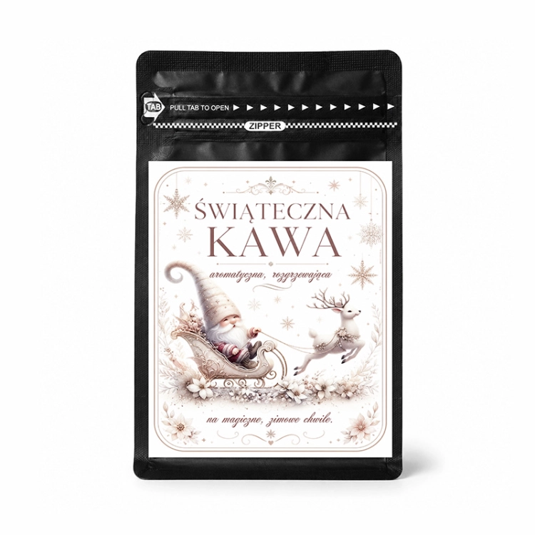 Aromatyczna kawa świąteczna z zimową grafiką sprawdzi się jako prezent dla pracowników i klientów.