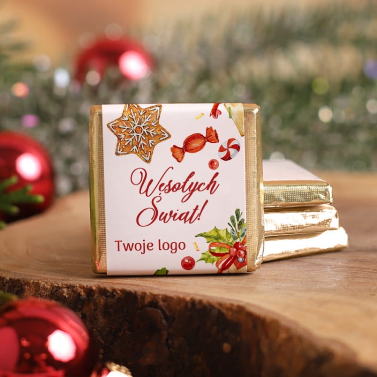 Świąteczna czekoladka firmowa z logo, podpisem. Upominek dla pracowników.