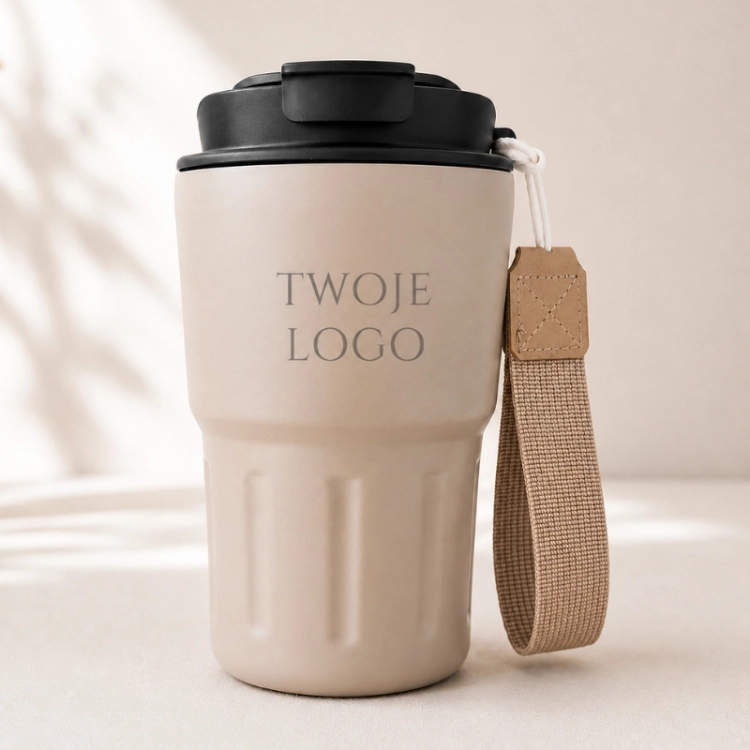 Beżowy kubek termiczny z paskiem i grawerem logo firmy to praktyczny gadżet reklamowy dla klientów i pracowników.