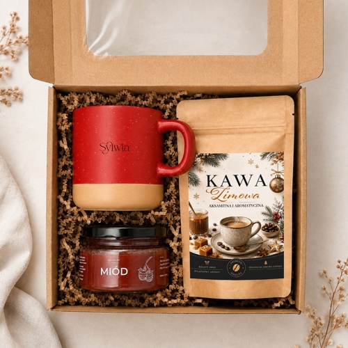 Personalizowany zestaw świąteczny z kubkiem, kawą i miodem w pudełku.