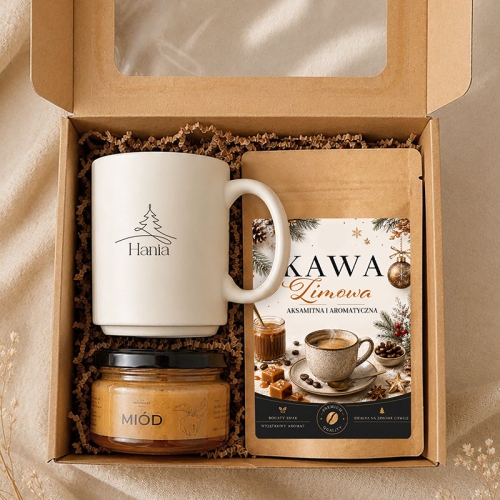 Elegancki zestaw świąteczny z kubkiem personalizowanym, kawą i miodem.