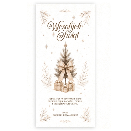 Duże personalizowane opłatki wigilijne z życzeniami i elegancką choinką.