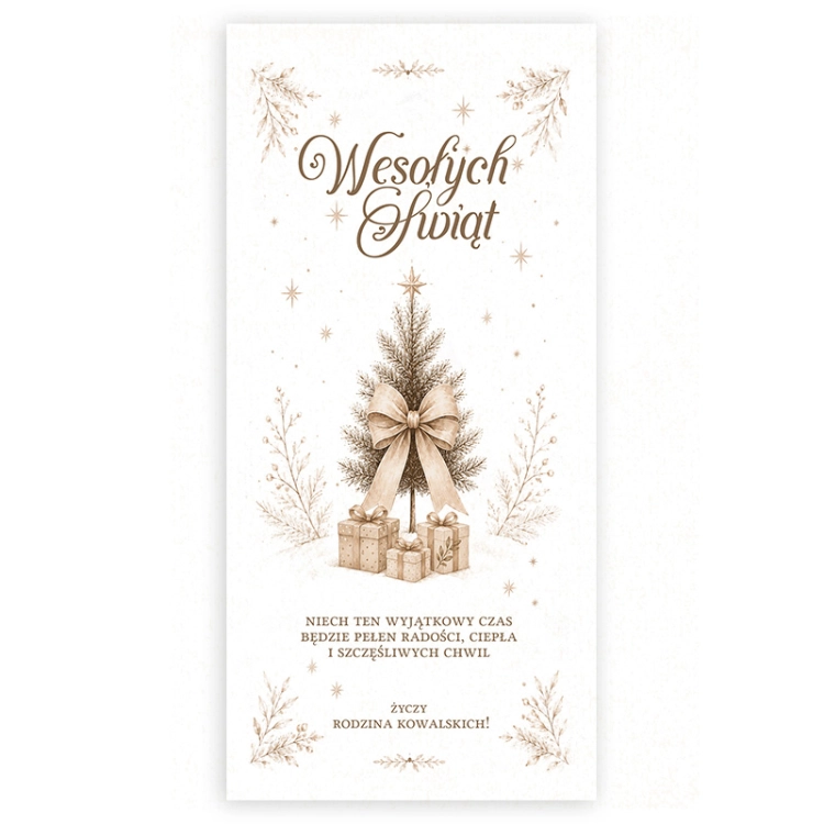 Duże personalizowane opłatki wigilijne z życzeniami i elegancką choinką.