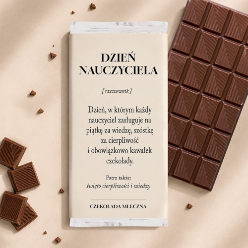 Elegancka czekolada na Dzień Nauczyciela z humorystycznym napisem sprawdzi się jako drobny upominek od uczniów i rodziców.