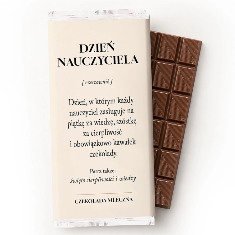 Czekolada mleczna z zabawną definicją Dnia Nauczyciela to pomysłowy słodki prezent dla wychowawcy i kadry pedagogicznej.