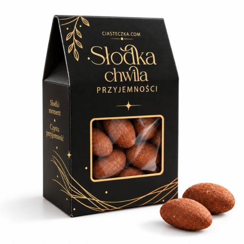 Migdały w czekoladzie w eleganckim czarnym pudełeczku to słodki upominek dla pracowników i klientów.