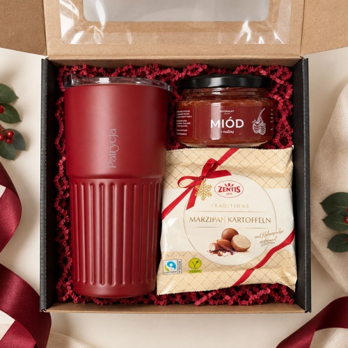 Elegancki prezent firmowy z personalizowanym kubkiem termicznym w kolorze merlot.