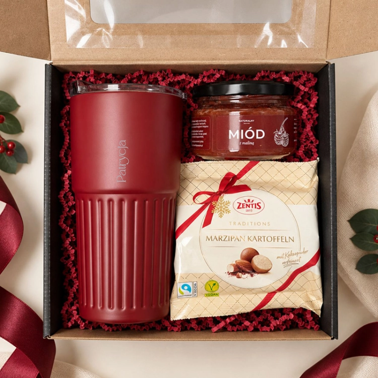 Elegancki prezent firmowy z personalizowanym kubkiem termicznym w kolorze merlot.