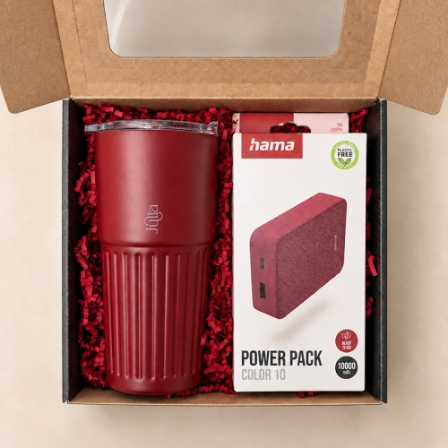 Elegancki prezent biznesowy z personalizowanym kubkiem i powerbankiem.