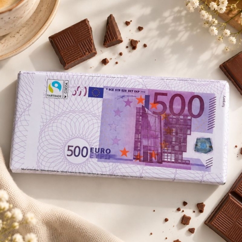 Czekolada mleczna jak banknot 500 euro jako oryginalny prezent dla pracownika.
