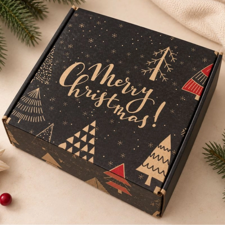 Czarne pudełko świąteczne ze złotym napisem Merry Christmas i dekoracyjnymi choinkami.