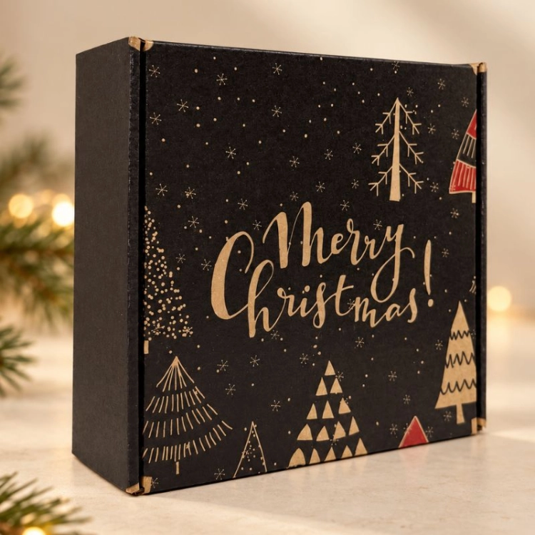 Eleganckie czarne pudełko Merry Christmas na gotowy zestaw świąteczny dla bliskiej osoby lub firmy.