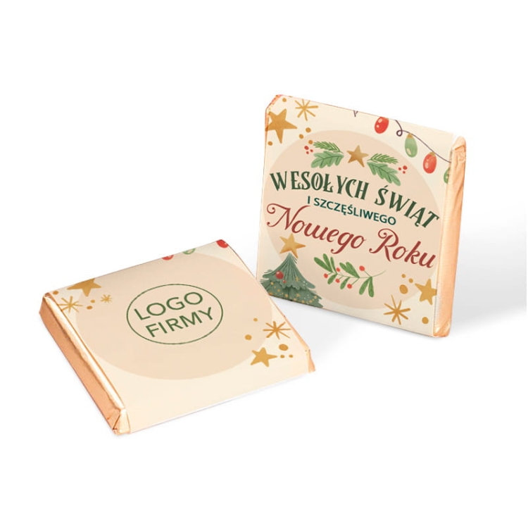 Czekoladka w świątecznym opakowaniu z logo firmy - firmowy poczęstunek na święta i Nowy Rok