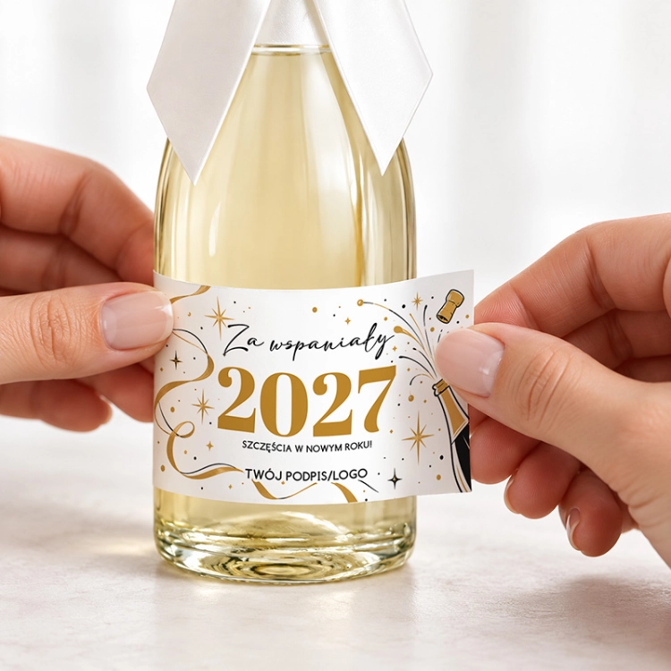 Personalizowane etykiety na mini szampany na Nowy Rok 2027 mają elegancką biało-złotą grafikę z gwiazdkami i serpentynami.