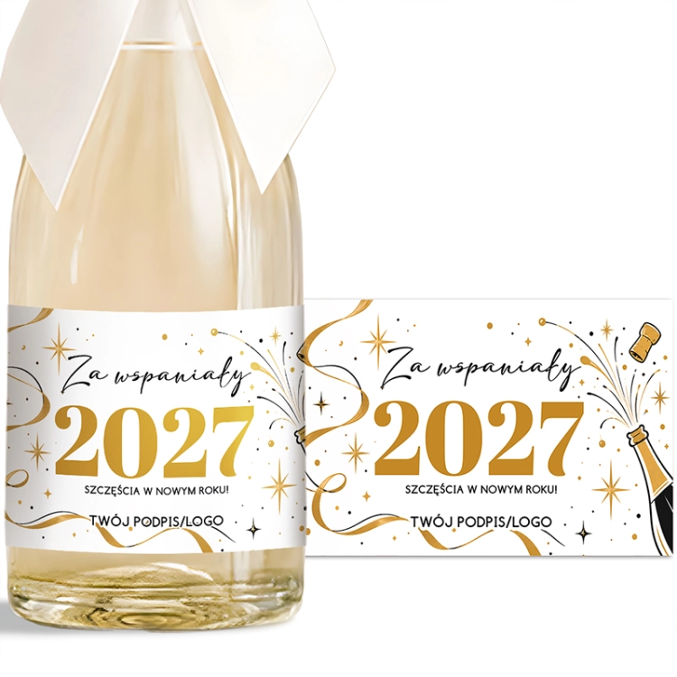 Personalizowane naklejki na mini butelki szampana na Nowy Rok.
