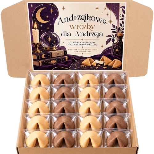 Zestaw 30 ciasteczek z wróżbami na imieniny Andrzeja zawiera jasne i kakaowe ciasteczka zapakowane pojedynczo w przezroczystą folię.