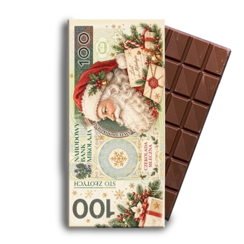 Czekolada mleczna na Święta w ozdobnym opakowaniu przypominającym banknot 100 zł z wizerunkiem Świętego Mikołaja.