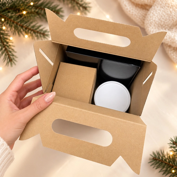 Otwarty świąteczny box prezentowy z trzema zapakowanymi produktami – kubkiem termicznym, notesem i świecą.