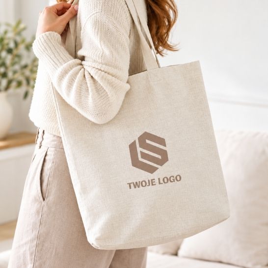 Beżowa torba materiałowa z nadrukiem logo firmy, trzymana przez kobietę, praktyczny gadżet reklamowy na zakupy.