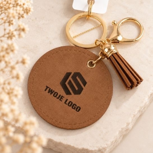 Brązowy brelok skórzany z personalizowanym grawerem logo firmy i metalowym kółkiem, elegancki gadżet reklamowy.