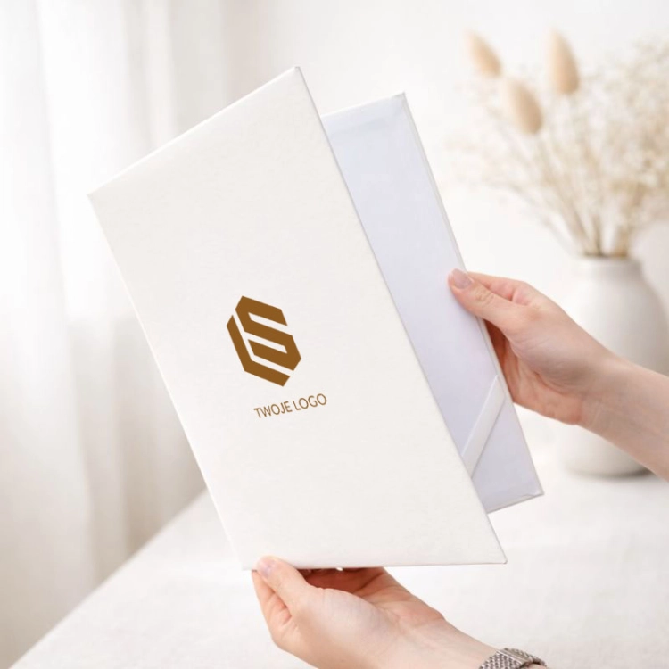Biała teczka na certyfikat A4 z grawerowanym logo firmy i twardą okładką, elegancka oprawa dokumentów.