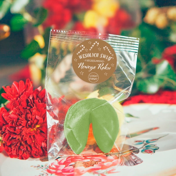 Zielone ciasteczko z wróżbą na podziękowanie i prezent świąteczny.