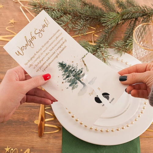 Firmowy opłatek wigilijny z logo firmy i życzeniami.