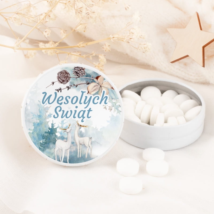 Prezent świąteczny dla gości, klientów, pracowników. Miętówki w ozdobnym opakowaniu metalowym z etykietą.