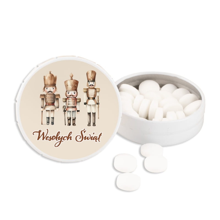 Miętówki w metalowym opakowaniu. Upominek na Święta z motywem Dziadka do Orzechów.