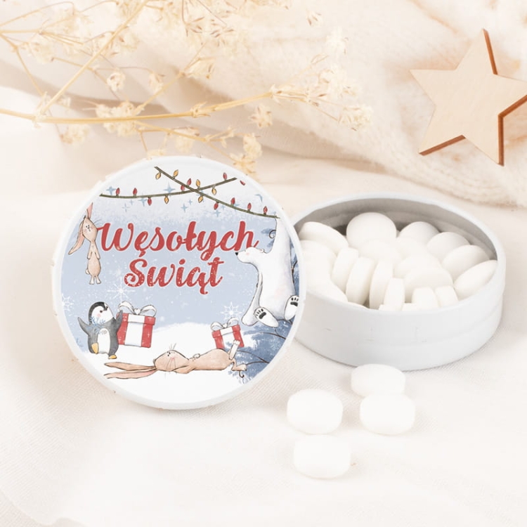 Cukierki miętówki w opakowaniu metalowym z ozdobną etykietą. Prezent dla gości, pracowników, klientów na Święta.