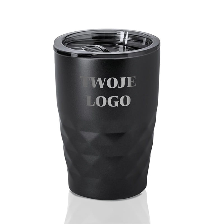 Termo kubek w czarnym kolorze z oryginalnym kształtem. Na kubku umieścimy logo firmy.