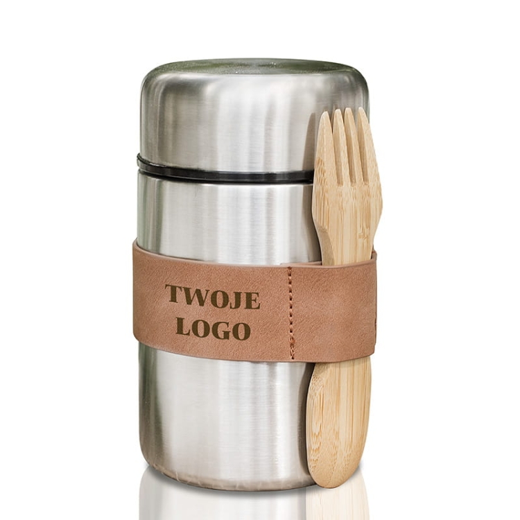 Pojemnik turystyczny wykonany ze stali nierdzewnej z paskiem, na którym umieścimy logo firmy.