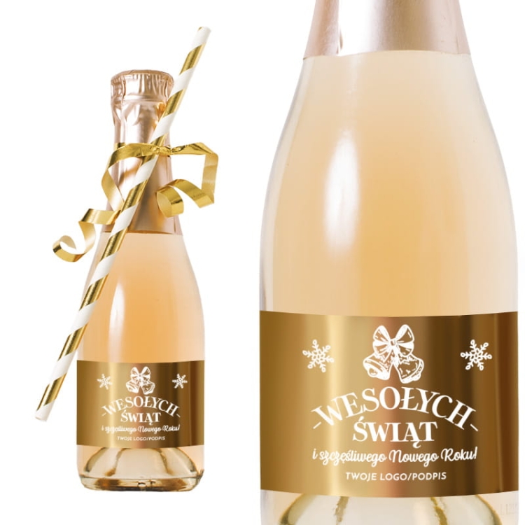 Etykiety na mini szampana. Naklejki złocone z Twoim logo. Dekoracja buteleczek na Święta.