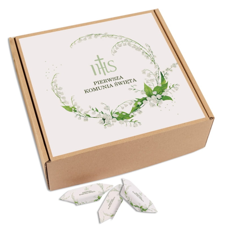Dekoracyjne opakowanie na podziękowanie dla gości na Komunię Świętą.