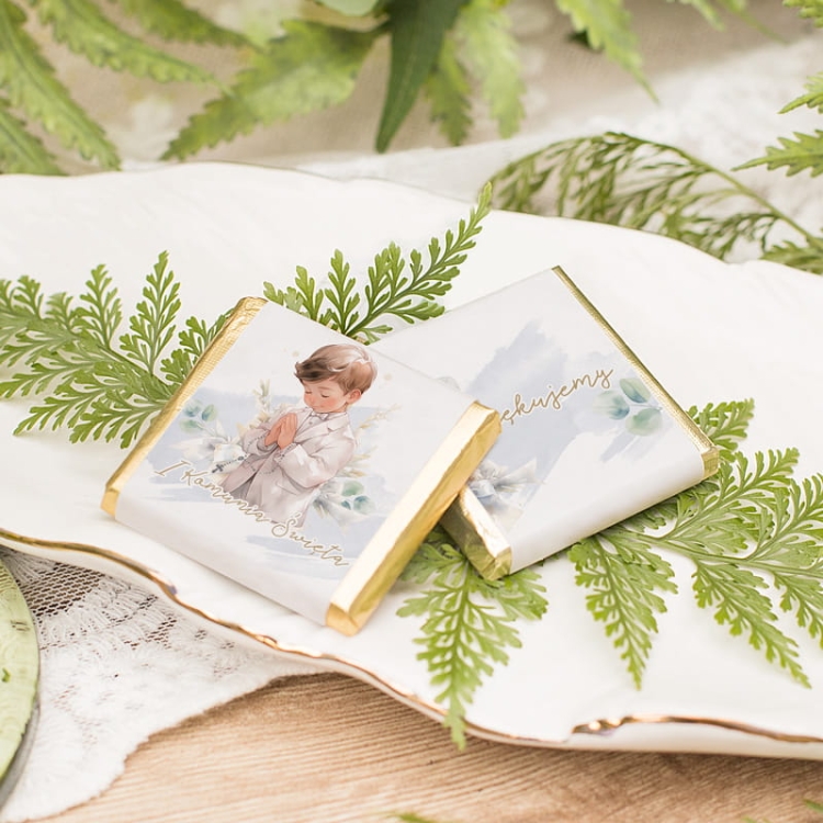 Podziękowanie dla gości na przyjęcie Komunii Świętej. Pyszne czekoladki na Pierwszą Komunię.