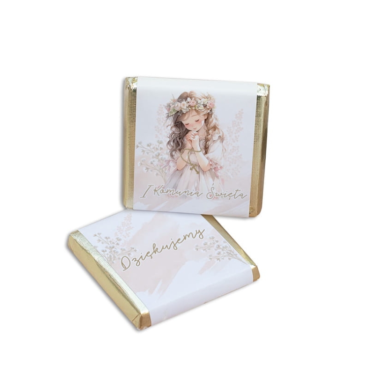 Uniwersalne podziękowanie dla gości komunii dziewczynki. Czekoladki w ozdobnej owijce na Komunię.