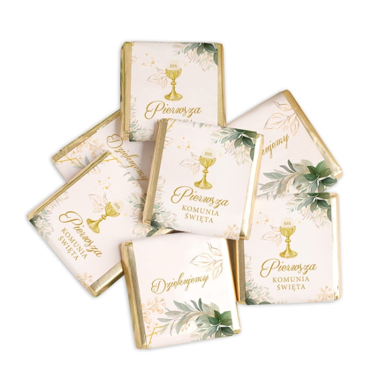 Czekoladki z podziękowaniem na komunię. Eleganckie słodycze na uroczystości religijne.