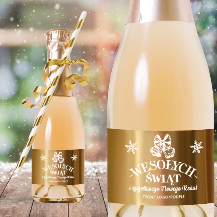 Złote etykiety na alkohol. Etykiety na butelki szampana. Świąteczne etykiety na szampana.